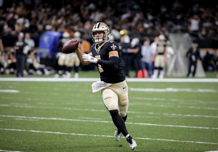 Aug 29, 2019; New Orleans, LA, USA; New Orleans Saints quarterback Taysom Hill (7) looks to throw against the Miami Dolphins during the second half of a preseason game at the Mercedes-Benz Superdome. Mandatory Credit: Derick E. Hingle-USA TODAY Sports